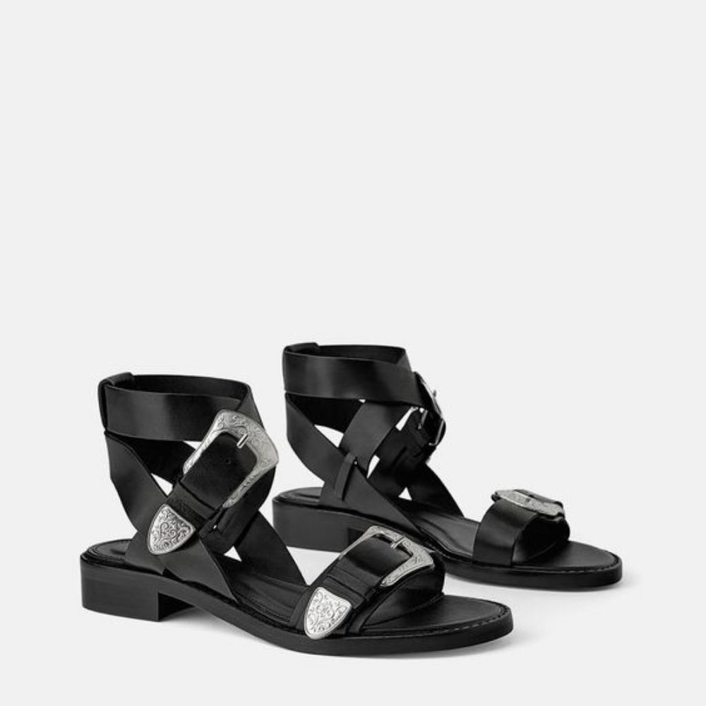 Zara Western Trim Flat Leather Sandals